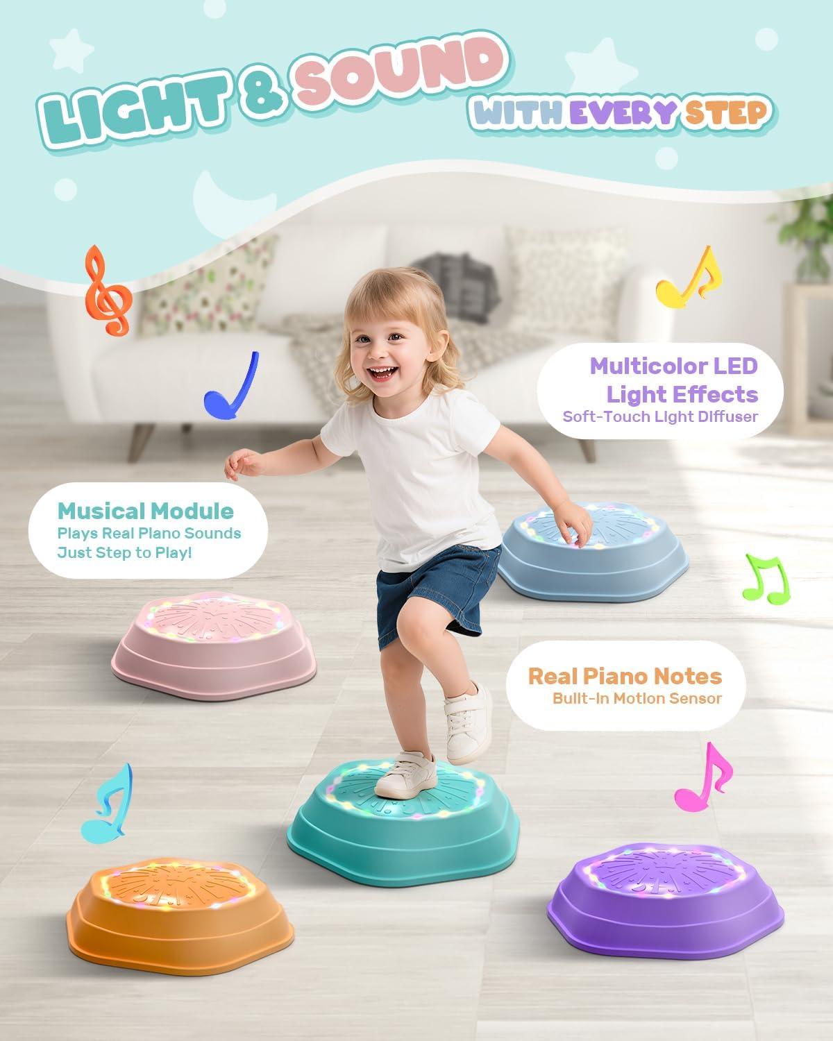 Holyton Light-Up Musical Stepping Stones for Kids, 5 Pack