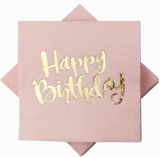 Pink Happy Birthday Cocktail Napkins 100Counts 3ply /5'' Disposable Rose Gold Foil Paper Napkins Perfect for Mother Girls Happy Birthday Party