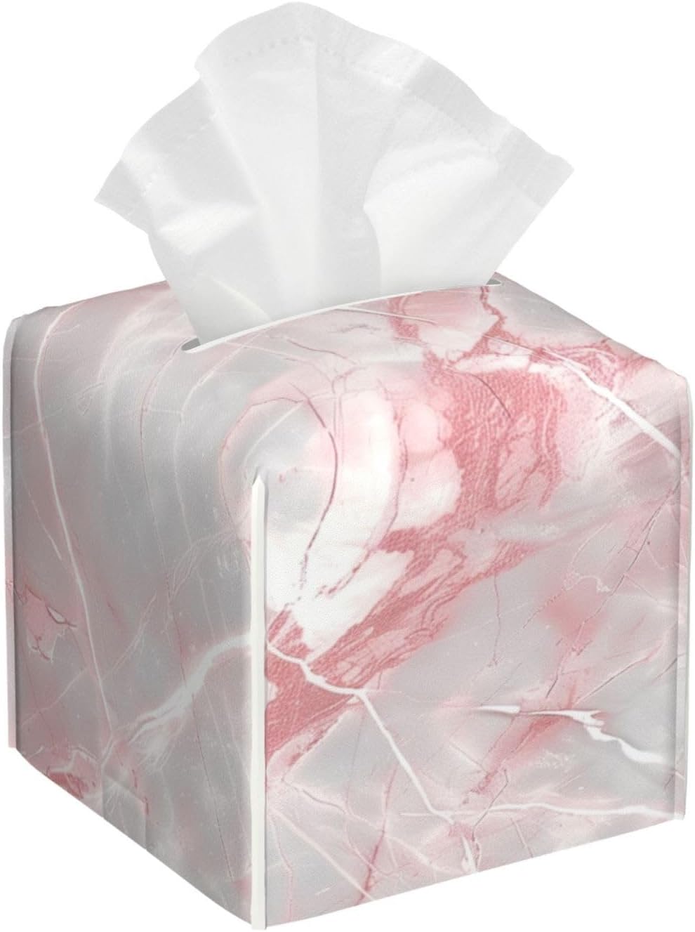White and Pink Marble Tissue Box Cover Leather Square Tissue Box Holder Decorative Tissue Cube Box Cover Facial Paper Case Tissue Case Organizer for Home Office Car Decoration