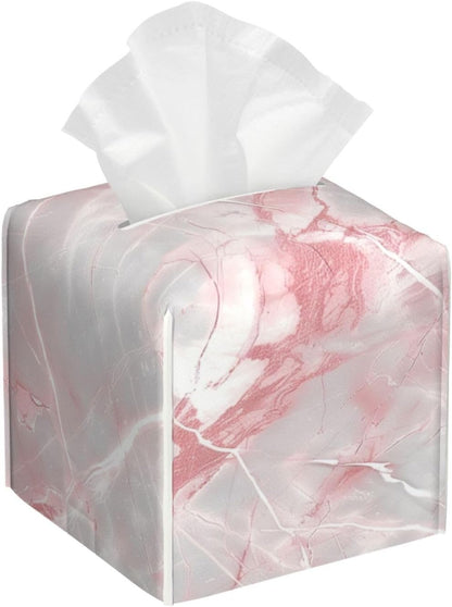 White and Pink Marble Tissue Box Cover Leather Square Tissue Box Holder Decorative Tissue Cube Box Cover Facial Paper Case Tissue Case Organizer for Home Office Car Decoration
