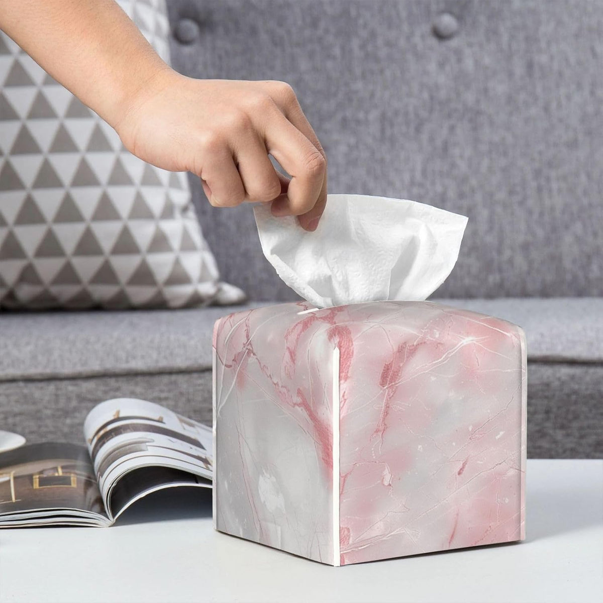 White and Pink Marble Tissue Box Cover Leather Square Tissue Box Holder Decorative Tissue Cube Box Cover Facial Paper Case Tissue Case Organizer for Home Office Car Decoration