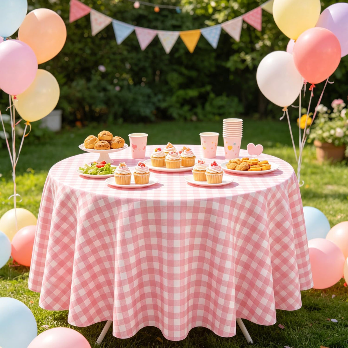 3 Pack Pink Round Tablecloth Pink and White Circular Checkered Table Covers Easter Round Tablecloth Outdoor and Indoor Party Decorations for Picnic Barbecue Holiday Party Supply 84 Inch