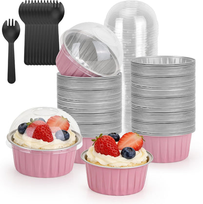 100-Pack 5 oz Pink Mini Cake Pans with Lids, Disposable Aluminum Foil Baking Cups, Muffin Tins, Ramekins for Cupcakes, Brownies, Flan, Pudding - Wedding, Birthday,Baby Shower, Princess Party