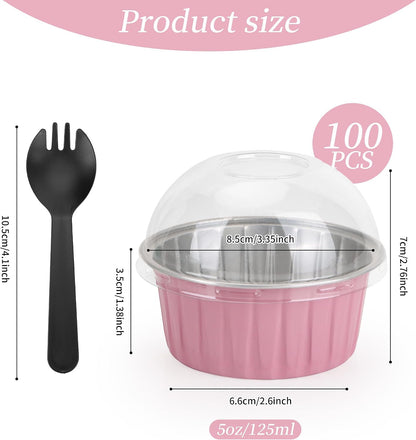 100-Pack 5 oz Pink Mini Cake Pans with Lids, Disposable Aluminum Foil Baking Cups, Muffin Tins, Ramekins for Cupcakes, Brownies, Flan, Pudding - Wedding, Birthday,Baby Shower, Princess Party