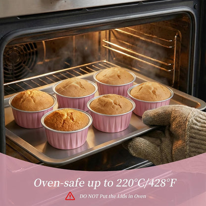 100-Pack 5 oz Pink Mini Cake Pans with Lids, Disposable Aluminum Foil Baking Cups, Muffin Tins, Ramekins for Cupcakes, Brownies, Flan, Pudding - Wedding, Birthday,Baby Shower, Princess Party