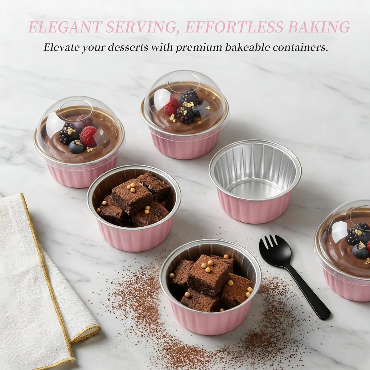 100-Pack 5 oz Pink Mini Cake Pans with Lids, Disposable Aluminum Foil Baking Cups, Muffin Tins, Ramekins for Cupcakes, Brownies, Flan, Pudding - Wedding, Birthday,Baby Shower, Princess Party