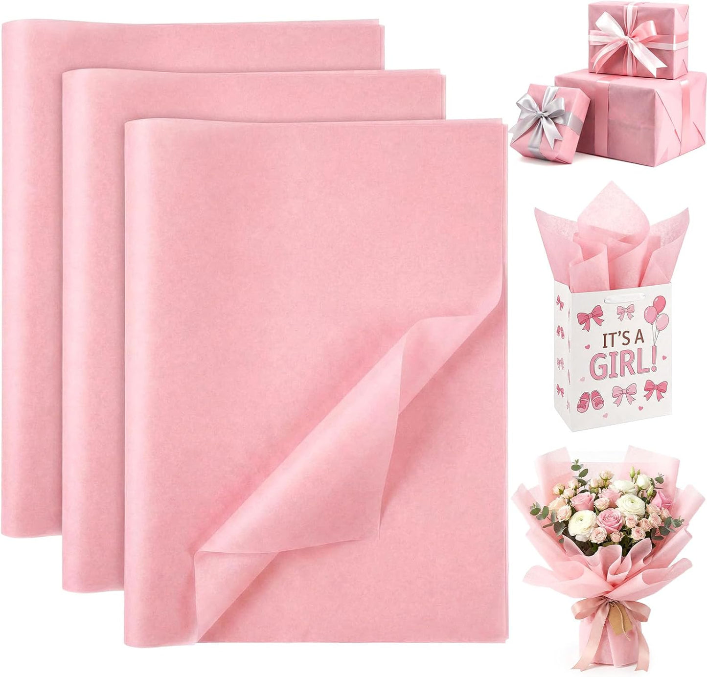 120 Sheets Pink Tissue Paper Bulk, 14 x 20 Inch Gift Wrapping Paper for Wedding Birthday DIY Craft Project