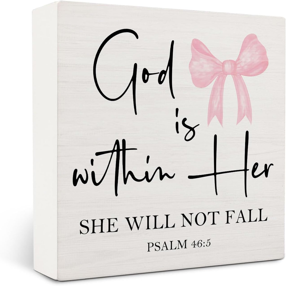 Pink Coquette Christian Bow Wooden Signs,Bible Verse Pink Bow Wooden Box Sign,Coquette Room Decor,God Is Within Her Decor For Wedding Desk Tabletop Shelf Decoration 5x5 Inches
