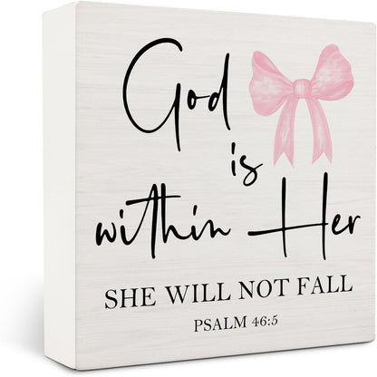 Pink Coquette Christian Bow Wooden Signs,Bible Verse Pink Bow Wooden Box Sign,Coquette Room Decor,God Is Within Her Decor For Wedding Desk Tabletop Shelf Decoration 5x5 Inches