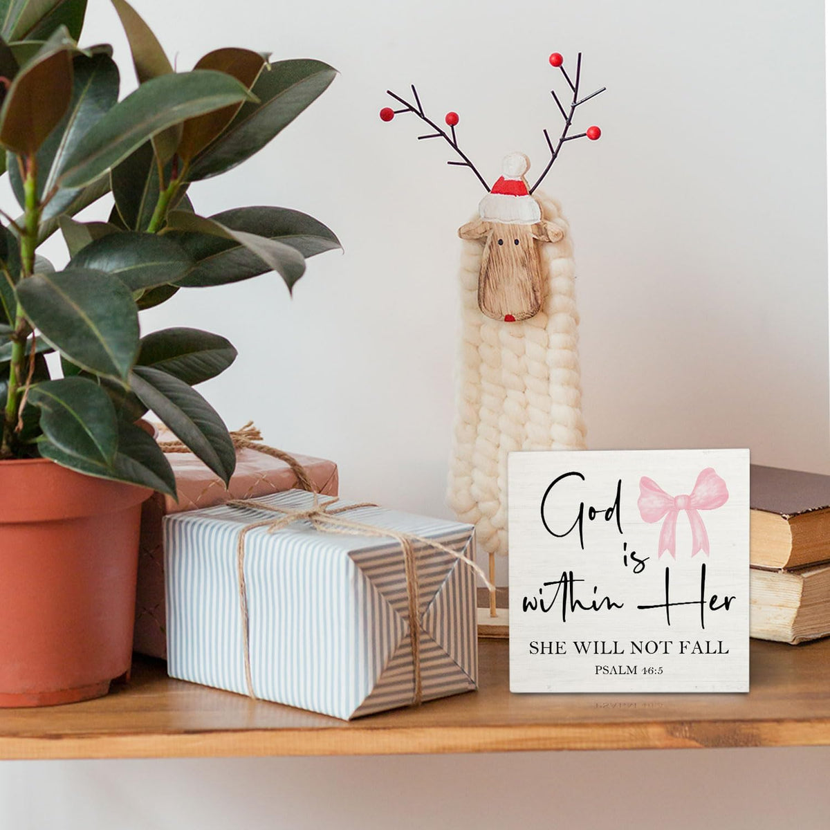 Pink Coquette Christian Bow Wooden Signs,Bible Verse Pink Bow Wooden Box Sign,Coquette Room Decor,God Is Within Her Decor For Wedding Desk Tabletop Shelf Decoration 5x5 Inches