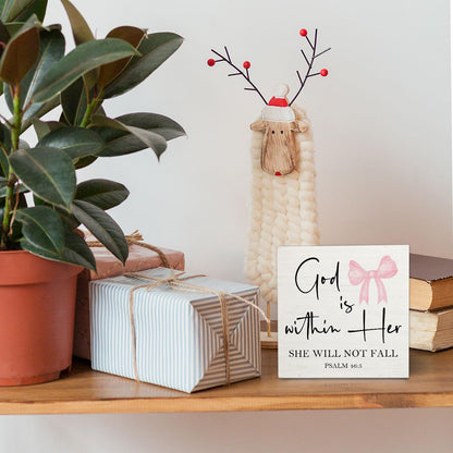 Pink Coquette Christian Bow Wooden Signs,Bible Verse Pink Bow Wooden Box Sign,Coquette Room Decor,God Is Within Her Decor For Wedding Desk Tabletop Shelf Decoration 5x5 Inches