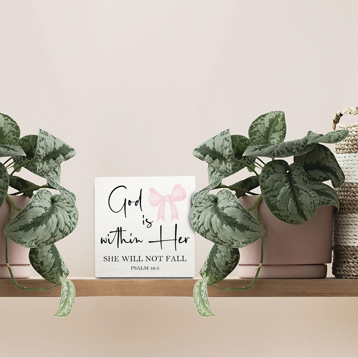 Pink Coquette Christian Bow Wooden Signs,Bible Verse Pink Bow Wooden Box Sign,Coquette Room Decor,God Is Within Her Decor For Wedding Desk Tabletop Shelf Decoration 5x5 Inches