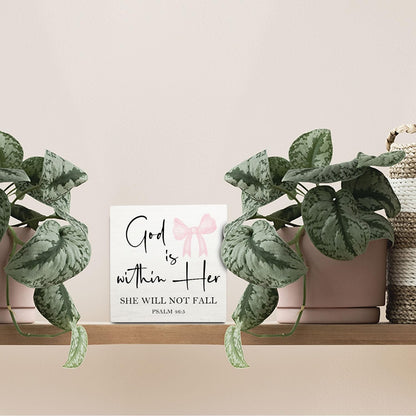Pink Coquette Christian Bow Wooden Signs,Bible Verse Pink Bow Wooden Box Sign,Coquette Room Decor,God Is Within Her Decor For Wedding Desk Tabletop Shelf Decoration 5x5 Inches
