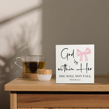 Pink Coquette Christian Bow Wooden Signs,Bible Verse Pink Bow Wooden Box Sign,Coquette Room Decor,God Is Within Her Decor For Wedding Desk Tabletop Shelf Decoration 5x5 Inches