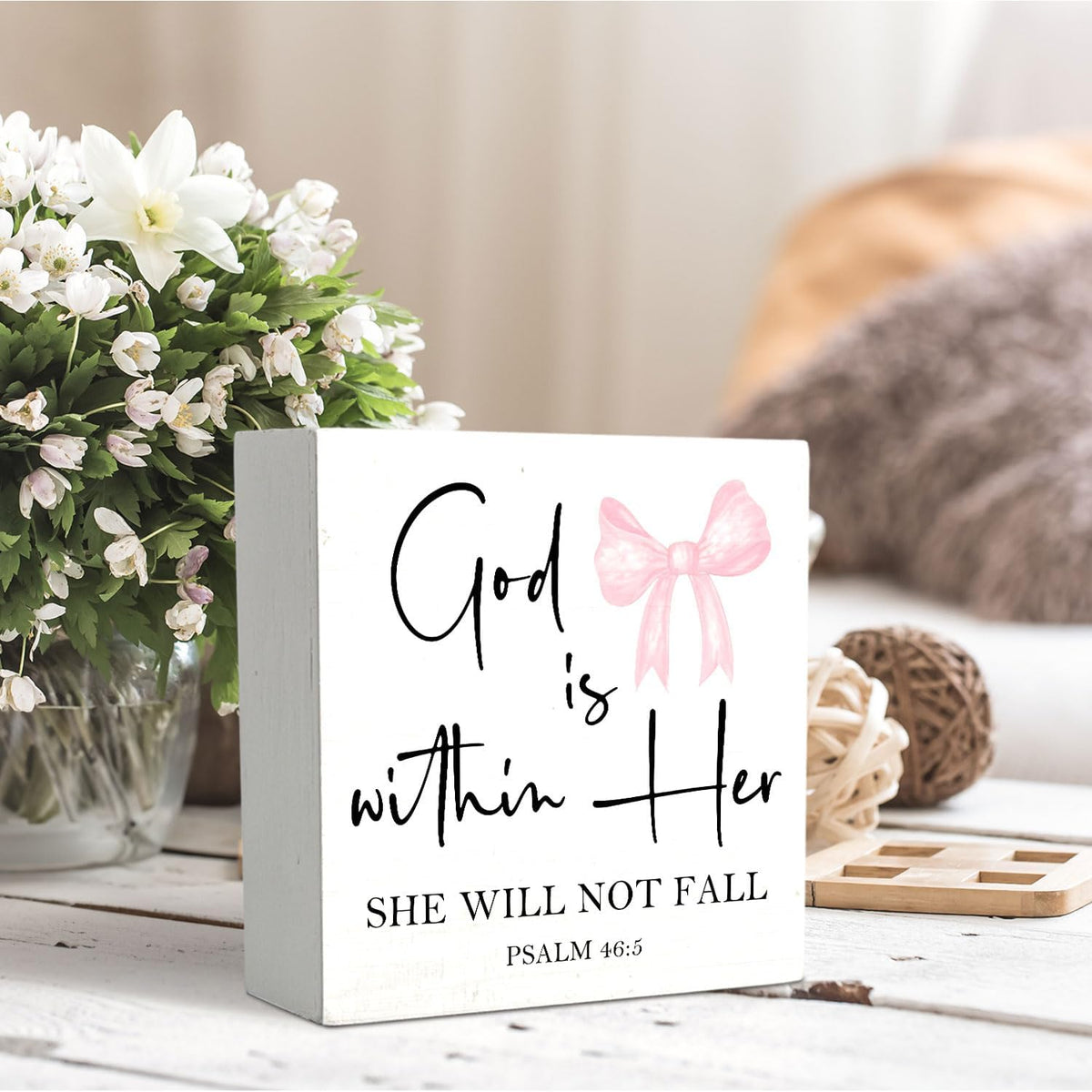 Pink Coquette Christian Bow Wooden Signs,Bible Verse Pink Bow Wooden Box Sign,Coquette Room Decor,God Is Within Her Decor For Wedding Desk Tabletop Shelf Decoration 5x5 Inches