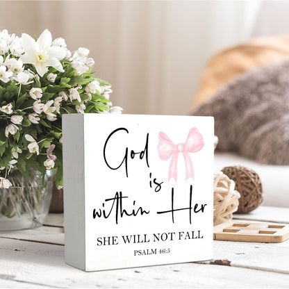 Pink Coquette Christian Bow Wooden Signs,Bible Verse Pink Bow Wooden Box Sign,Coquette Room Decor,God Is Within Her Decor For Wedding Desk Tabletop Shelf Decoration 5x5 Inches