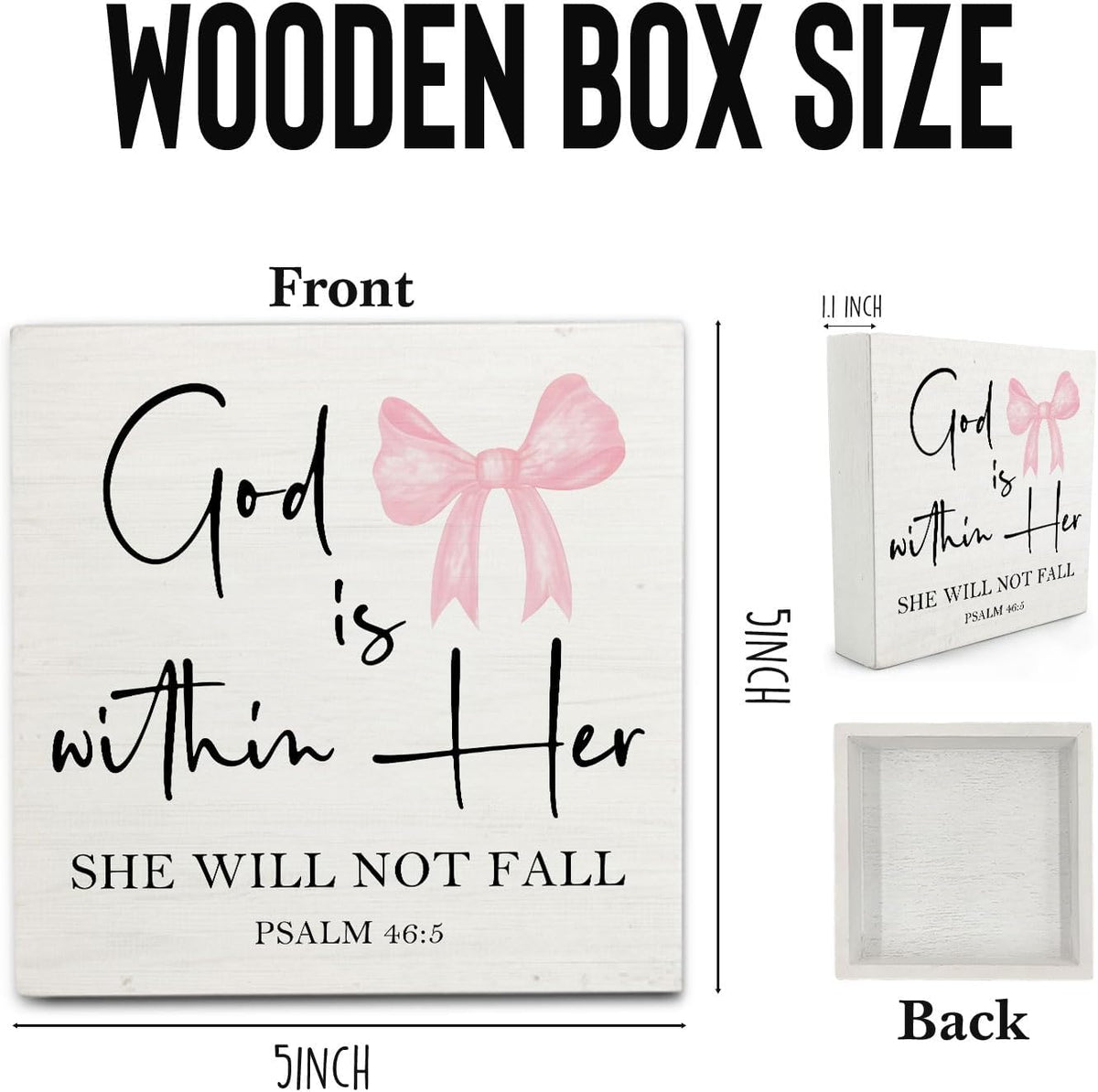 Pink Coquette Christian Bow Wooden Signs,Bible Verse Pink Bow Wooden Box Sign,Coquette Room Decor,God Is Within Her Decor For Wedding Desk Tabletop Shelf Decoration 5x5 Inches