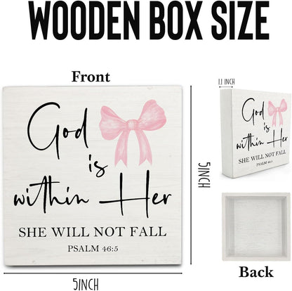 Pink Coquette Christian Bow Wooden Signs,Bible Verse Pink Bow Wooden Box Sign,Coquette Room Decor,God Is Within Her Decor For Wedding Desk Tabletop Shelf Decoration 5x5 Inches