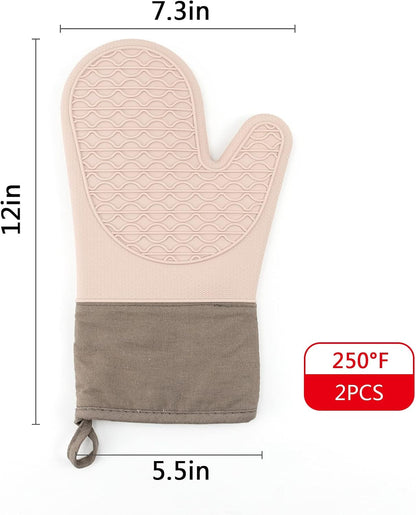 Silicone Oven Mitts Heat Resistant Oven Mitts Set with Soft Quilted Cotton Lining, Gloves Pot Holders and Oven Mitts Sets for Kitchen Cooking and BBQ, Easy Clean 2-Piece Set (Pink)