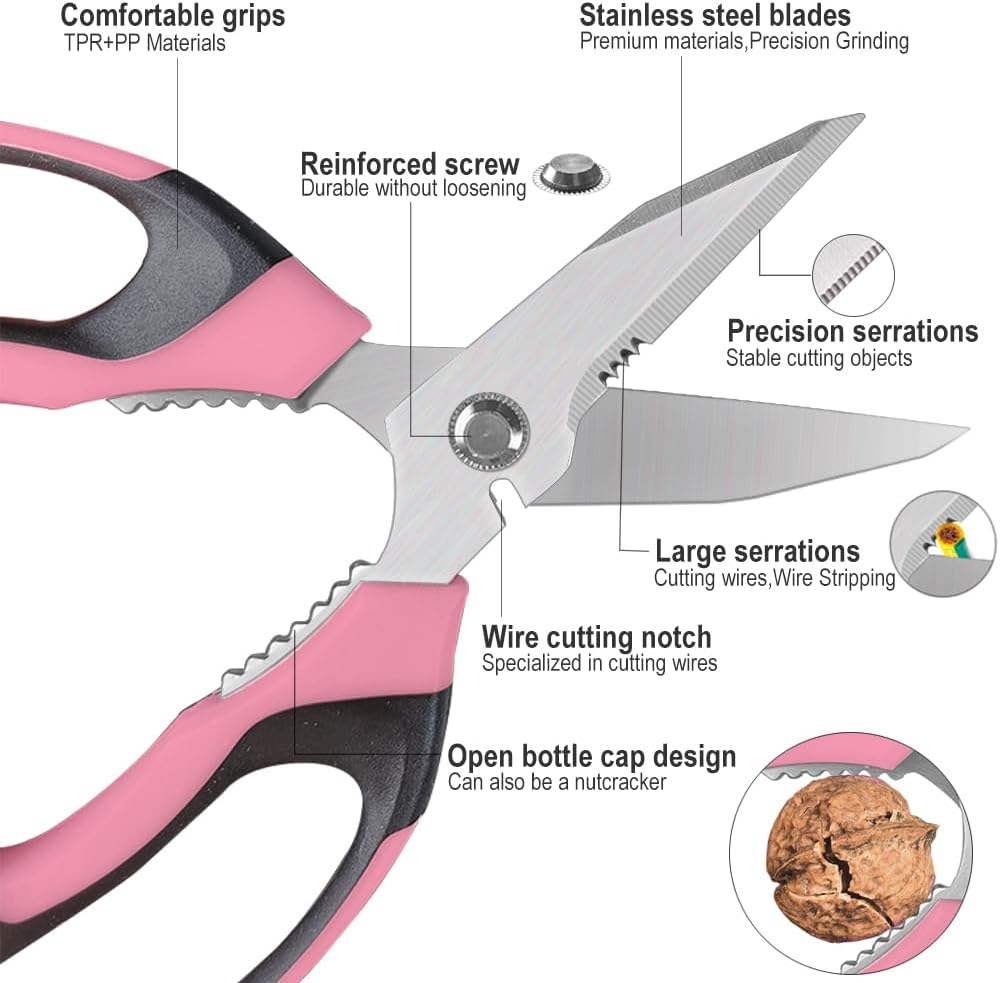Heavy Duty 8'' Multipurpose Scissors with Protective Cover, Stainless Steel Serrated Blades, Easy Cutting Cardboard, Leather, Fabric, Wires (PINK)