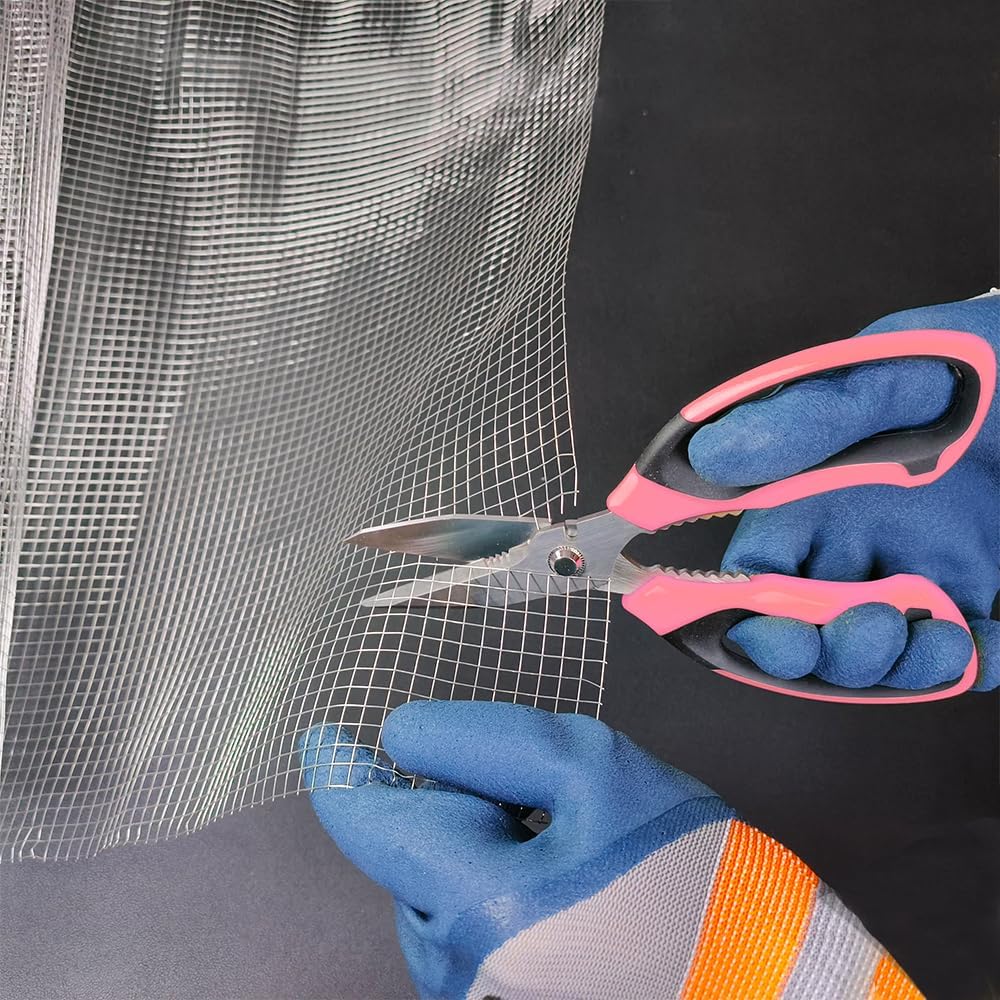 Heavy Duty 8'' Multipurpose Scissors with Protective Cover, Stainless Steel Serrated Blades, Easy Cutting Cardboard, Leather, Fabric, Wires (PINK)