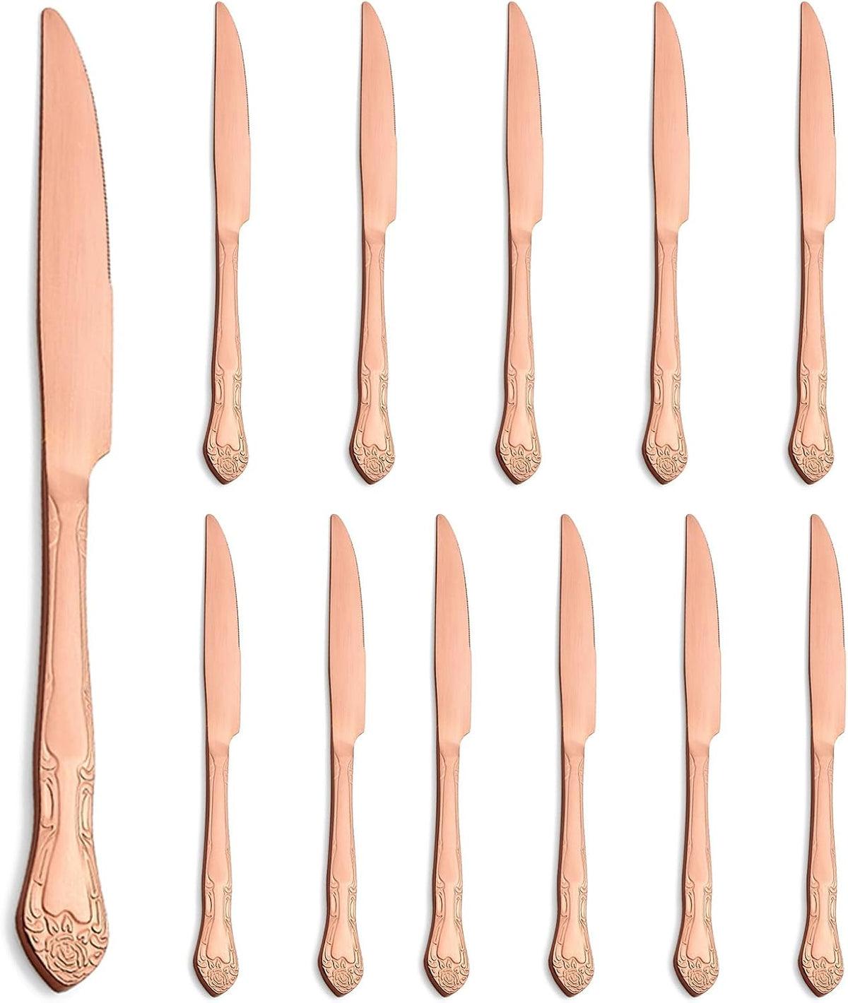 Matte Rose Gold Dinner Knives Set of 12, 9.3-Inch Stainless Steel Satin Finish Dinner Table Knife Set, Rose Pattern Design Heavy Duty Metal Knives, Dishwasher Safe for Home Restaurant