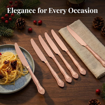Matte Rose Gold Dinner Knives Set of 12, 9.3-Inch Stainless Steel Satin Finish Dinner Table Knife Set, Rose Pattern Design Heavy Duty Metal Knives, Dishwasher Safe for Home Restaurant