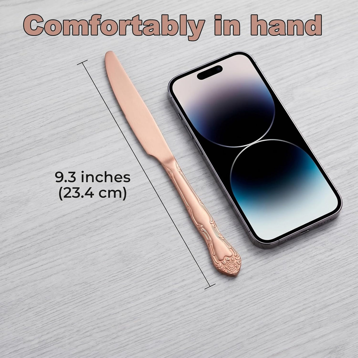Matte Rose Gold Dinner Knives Set of 12, 9.3-Inch Stainless Steel Satin Finish Dinner Table Knife Set, Rose Pattern Design Heavy Duty Metal Knives, Dishwasher Safe for Home Restaurant