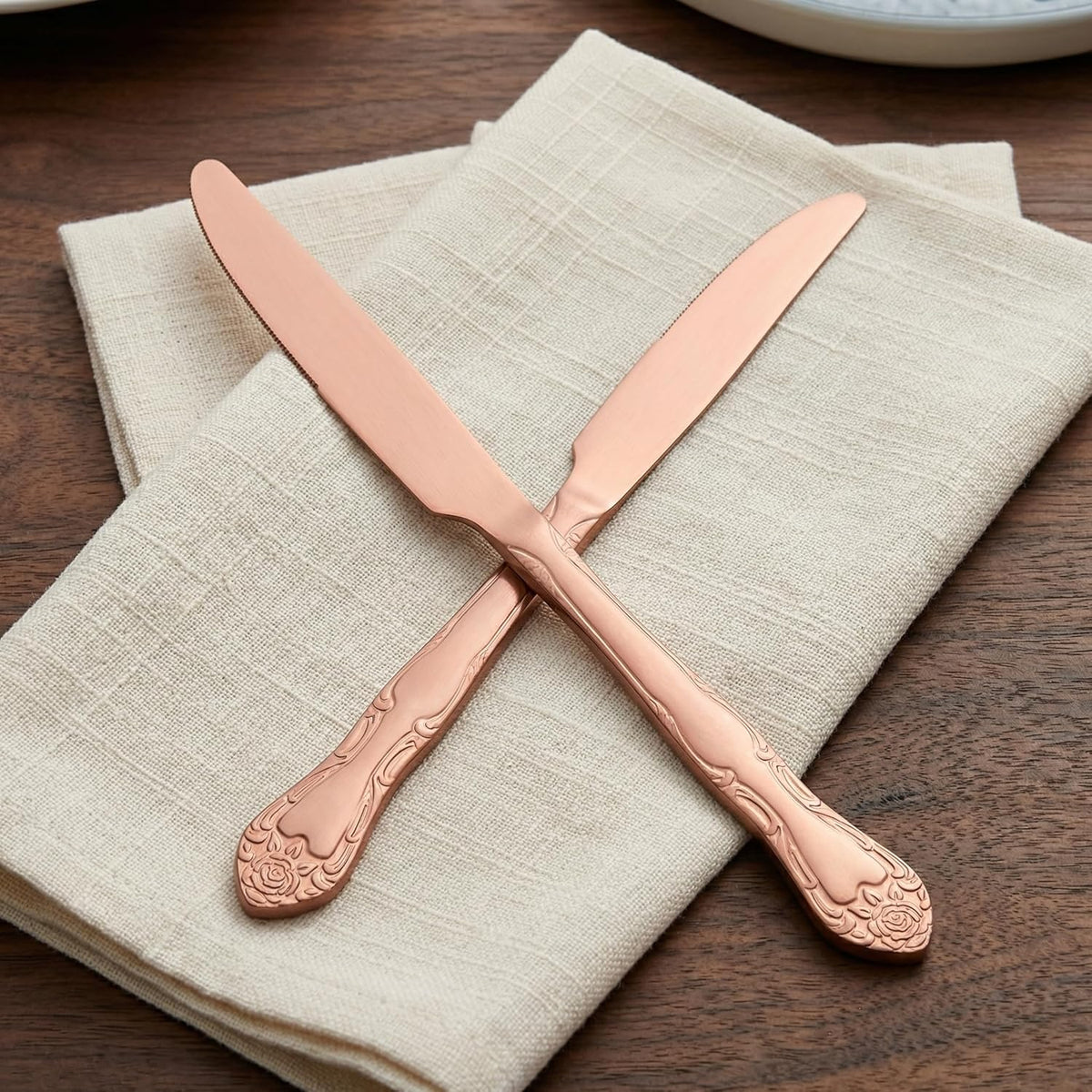 Matte Rose Gold Dinner Knives Set of 12, 9.3-Inch Stainless Steel Satin Finish Dinner Table Knife Set, Rose Pattern Design Heavy Duty Metal Knives, Dishwasher Safe for Home Restaurant