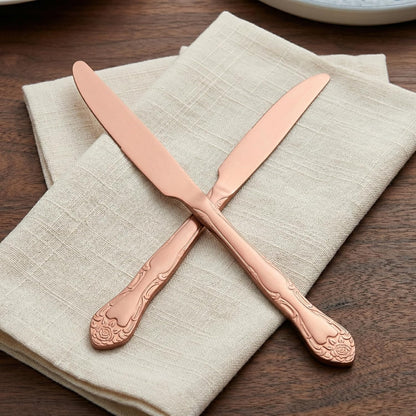 Matte Rose Gold Dinner Knives Set of 12, 9.3-Inch Stainless Steel Satin Finish Dinner Table Knife Set, Rose Pattern Design Heavy Duty Metal Knives, Dishwasher Safe for Home Restaurant