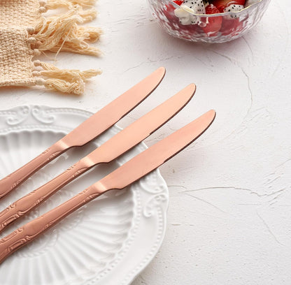 Matte Rose Gold Dinner Knives Set of 12, 9.3-Inch Stainless Steel Satin Finish Dinner Table Knife Set, Rose Pattern Design Heavy Duty Metal Knives, Dishwasher Safe for Home Restaurant