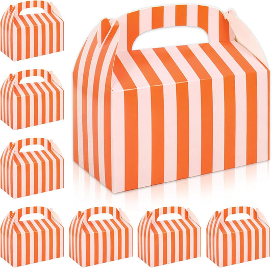20 Pcs Striped Party Favor Boxes with Handles Pink Orange Striped Paper Treat Gable Boxes for Candy Cookies Small Gifts Summer Wedding Birthday Baby Shower Supplies
