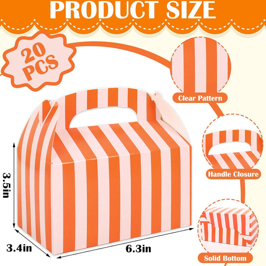 20 Pcs Striped Party Favor Boxes with Handles Pink Orange Striped Paper Treat Gable Boxes for Candy Cookies Small Gifts Summer Wedding Birthday Baby Shower Supplies