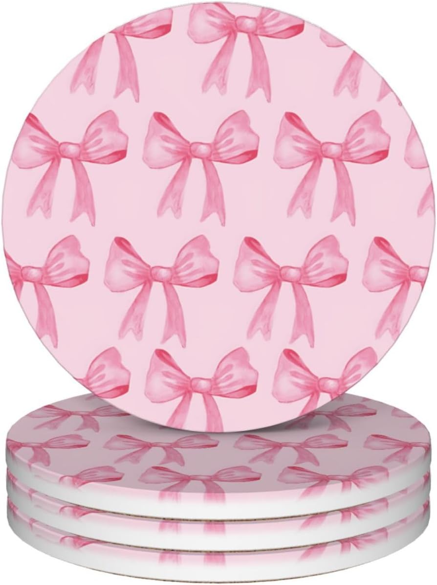 Absorbent Coasters for Drinks, Set of 4 Ceramic Cork Base Coasters Set Decorative 4.1""- Pink Bow, 123654