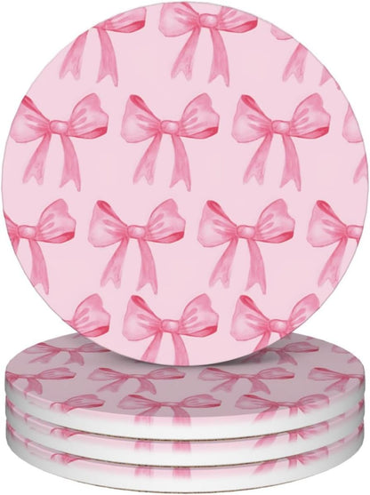 Absorbent Coasters for Drinks, Set of 4 Ceramic Cork Base Coasters Set Decorative 4.1""- Pink Bow, 123654