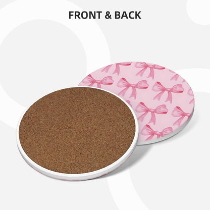 Absorbent Coasters for Drinks, Set of 4 Ceramic Cork Base Coasters Set Decorative 4.1""- Pink Bow, 123654