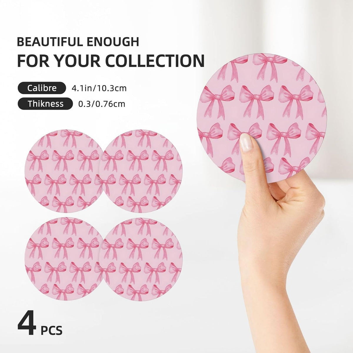 Absorbent Coasters for Drinks, Set of 4 Ceramic Cork Base Coasters Set Decorative 4.1""- Pink Bow, 123654