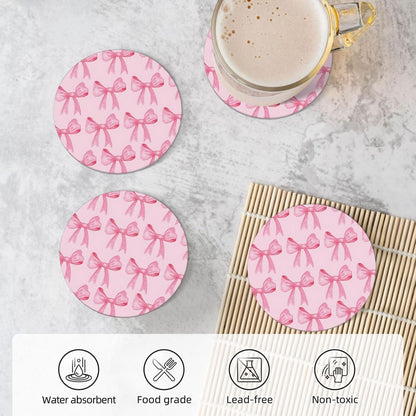 Absorbent Coasters for Drinks, Set of 4 Ceramic Cork Base Coasters Set Decorative 4.1""- Pink Bow, 123654