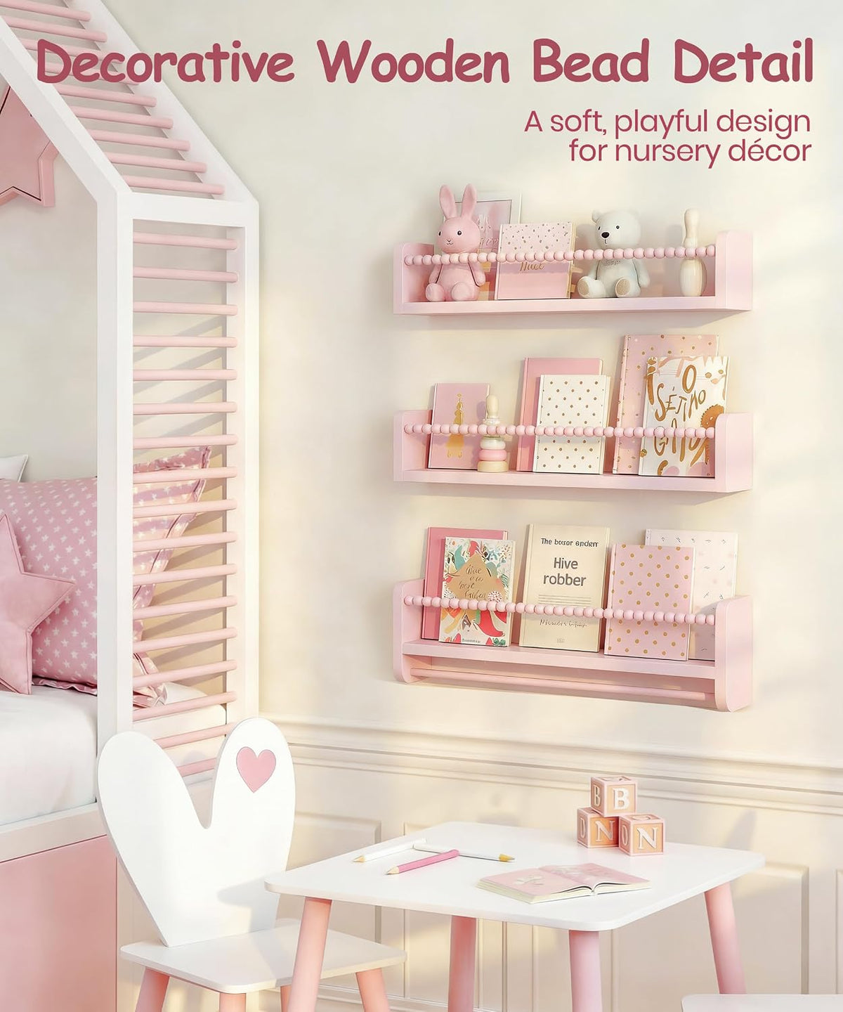 Nursery Book Shelves for Wall, Pink Shelf Bookshelf for Kids Rooms