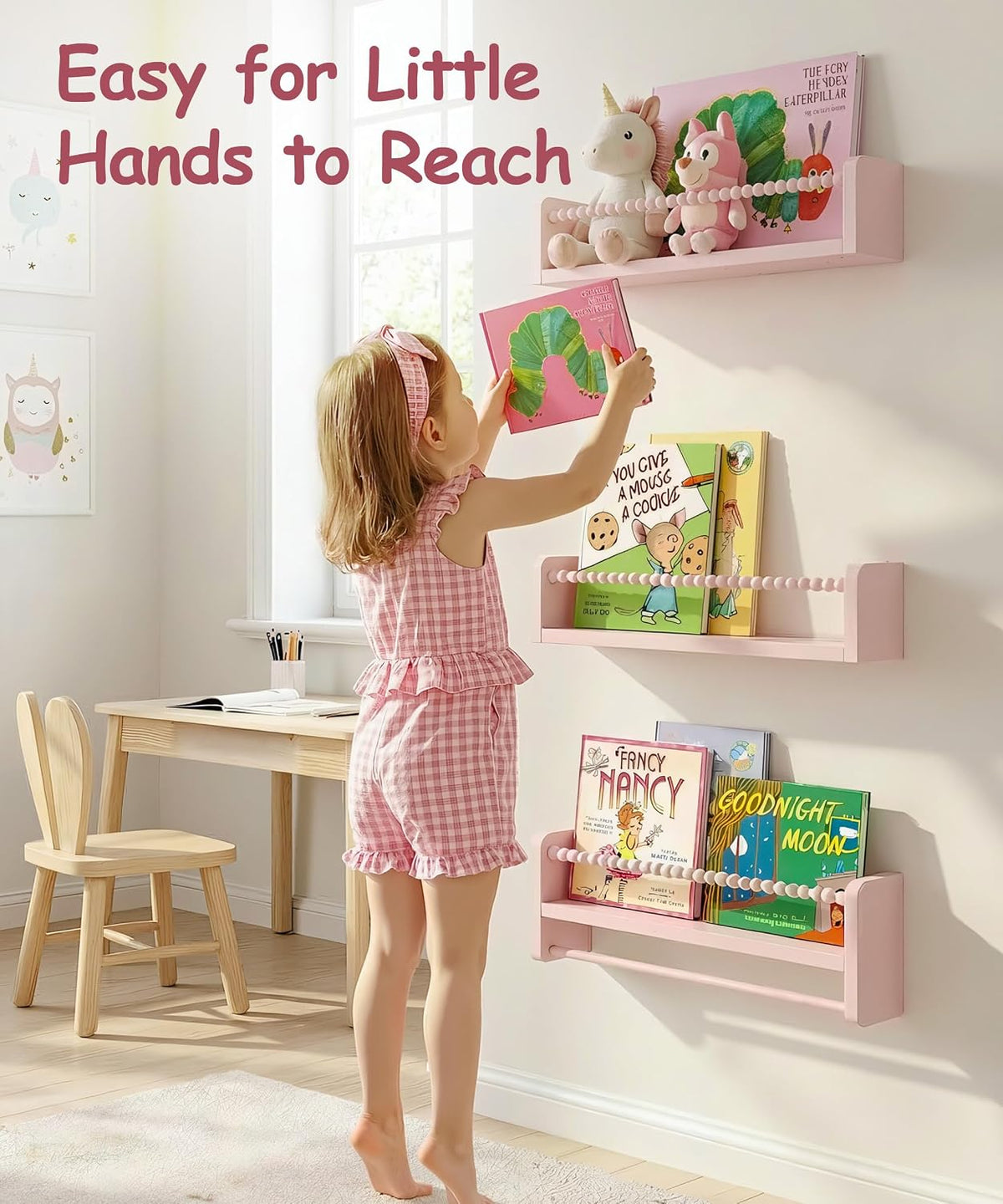 Nursery Book Shelves for Wall, Pink Shelf Bookshelf for Kids Rooms