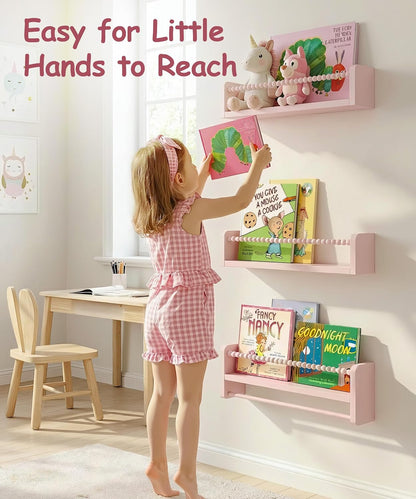 Nursery Book Shelves for Wall, Pink Shelf Bookshelf for Kids Rooms