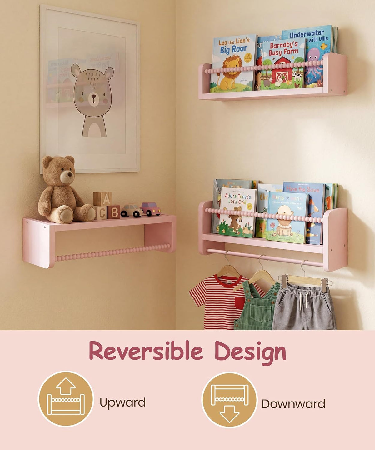 Nursery Book Shelves for Wall, Pink Shelf Bookshelf for Kids Rooms