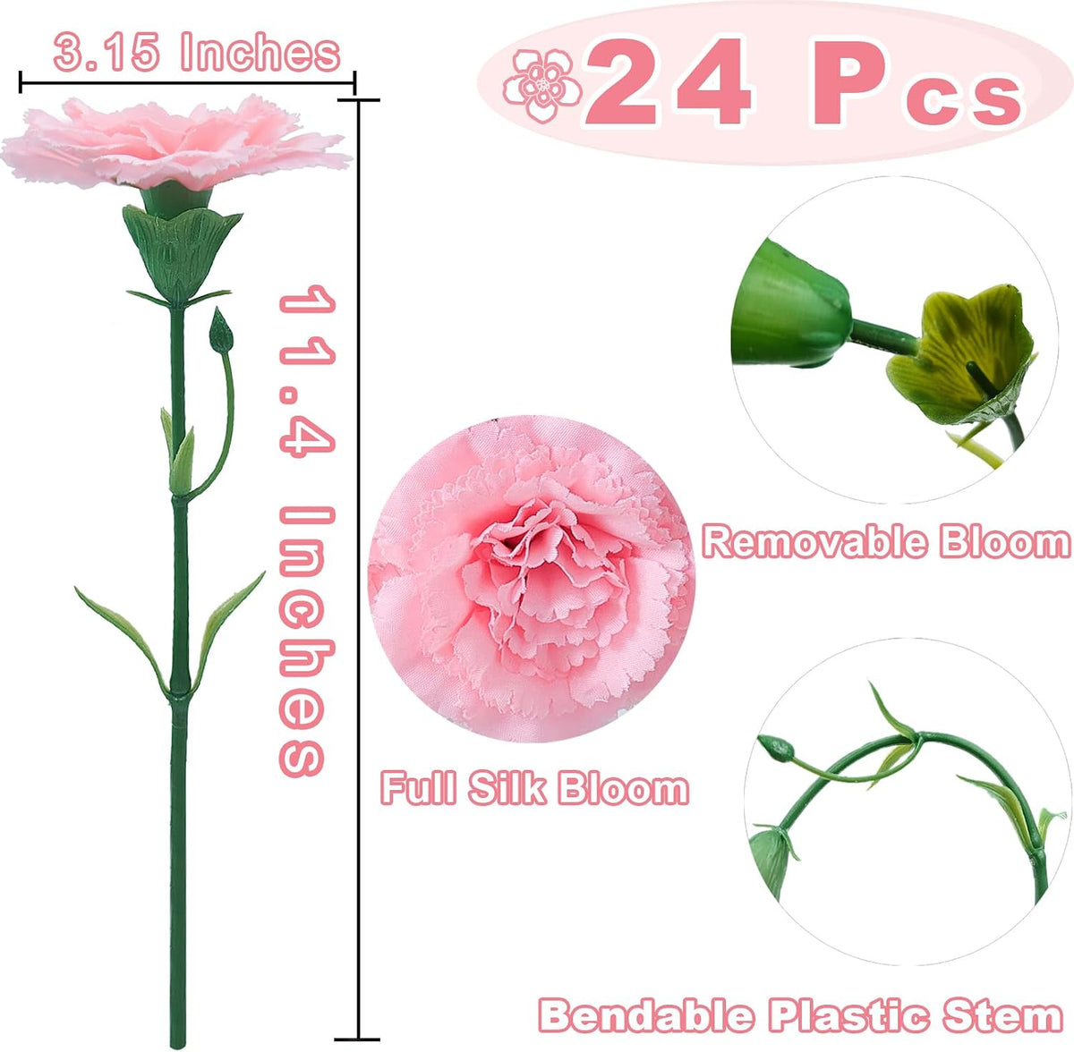 24Pcs Pink Silk Carnations Artificial Flowers with Stems, 11.4 in