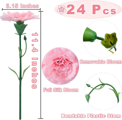 24Pcs Pink Silk Carnations Artificial Flowers with Stems, 11.4 in