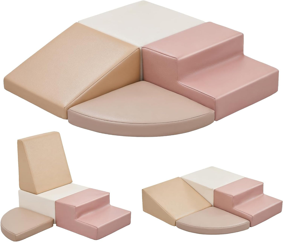 Climbing Foam Blocks for Toddlers: Waterproof Pu Leather Soft Climber - 4 Pcs Toddler Indoor Climbing Toys - Kids Outdoor Playground Playset Best Gift Preschool Daycare Supplies（Pink/Beige）