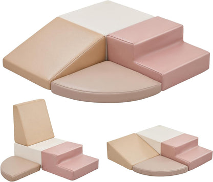 Climbing Foam Blocks for Toddlers: Waterproof Pu Leather Soft Climber - 4 Pcs Toddler Indoor Climbing Toys - Kids Outdoor Playground Playset Best Gift Preschool Daycare Supplies（Pink/Beige）