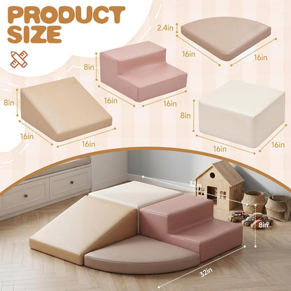 Climbing Foam Blocks for Toddlers: Waterproof Pu Leather Soft Climber - 4 Pcs Toddler Indoor Climbing Toys - Kids Outdoor Playground Playset Best Gift Preschool Daycare Supplies（Pink/Beige）