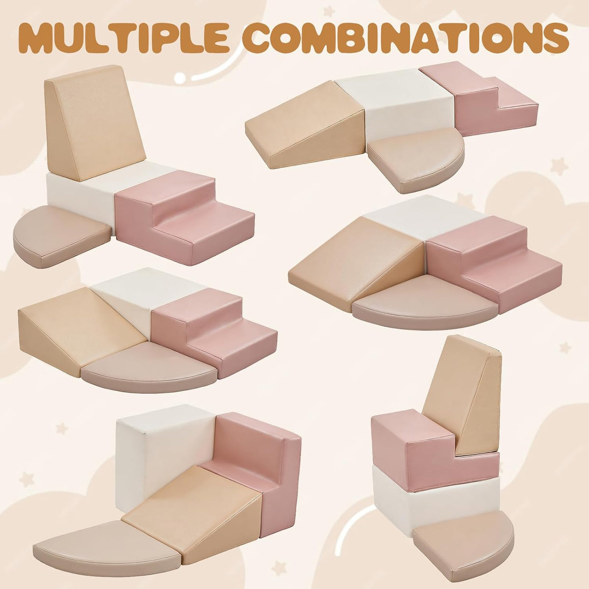 Climbing Foam Blocks for Toddlers: Waterproof Pu Leather Soft Climber - 4 Pcs Toddler Indoor Climbing Toys - Kids Outdoor Playground Playset Best Gift Preschool Daycare Supplies（Pink/Beige）