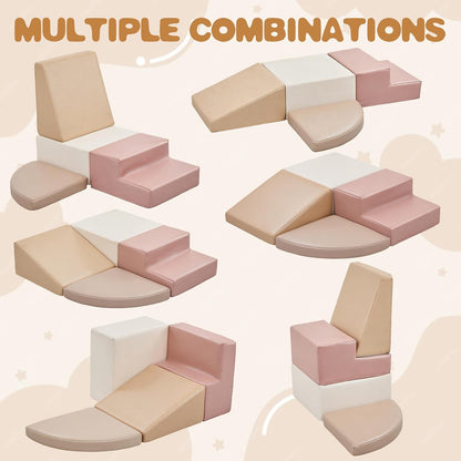 Climbing Foam Blocks for Toddlers: Waterproof Pu Leather Soft Climber - 4 Pcs Toddler Indoor Climbing Toys - Kids Outdoor Playground Playset Best Gift Preschool Daycare Supplies（Pink/Beige）