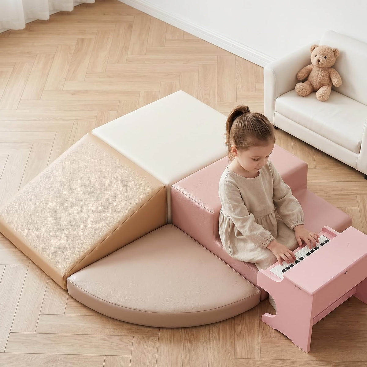 Climbing Foam Blocks for Toddlers: Waterproof Pu Leather Soft Climber - 4 Pcs Toddler Indoor Climbing Toys - Kids Outdoor Playground Playset Best Gift Preschool Daycare Supplies（Pink/Beige）